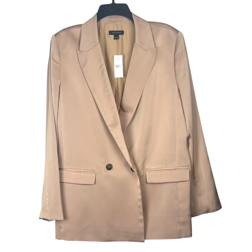 NWT Ann Taylor Women's Size 14 Satin Relaxed Double Breasted Blazer Cafe Au Lait